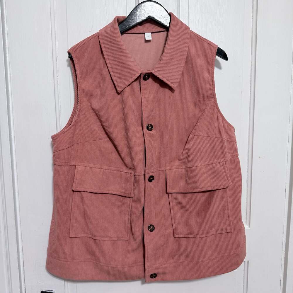 Plus Size Flap Pocket Corduroy Vest Jacket Dusty Pink Size 1X

A3